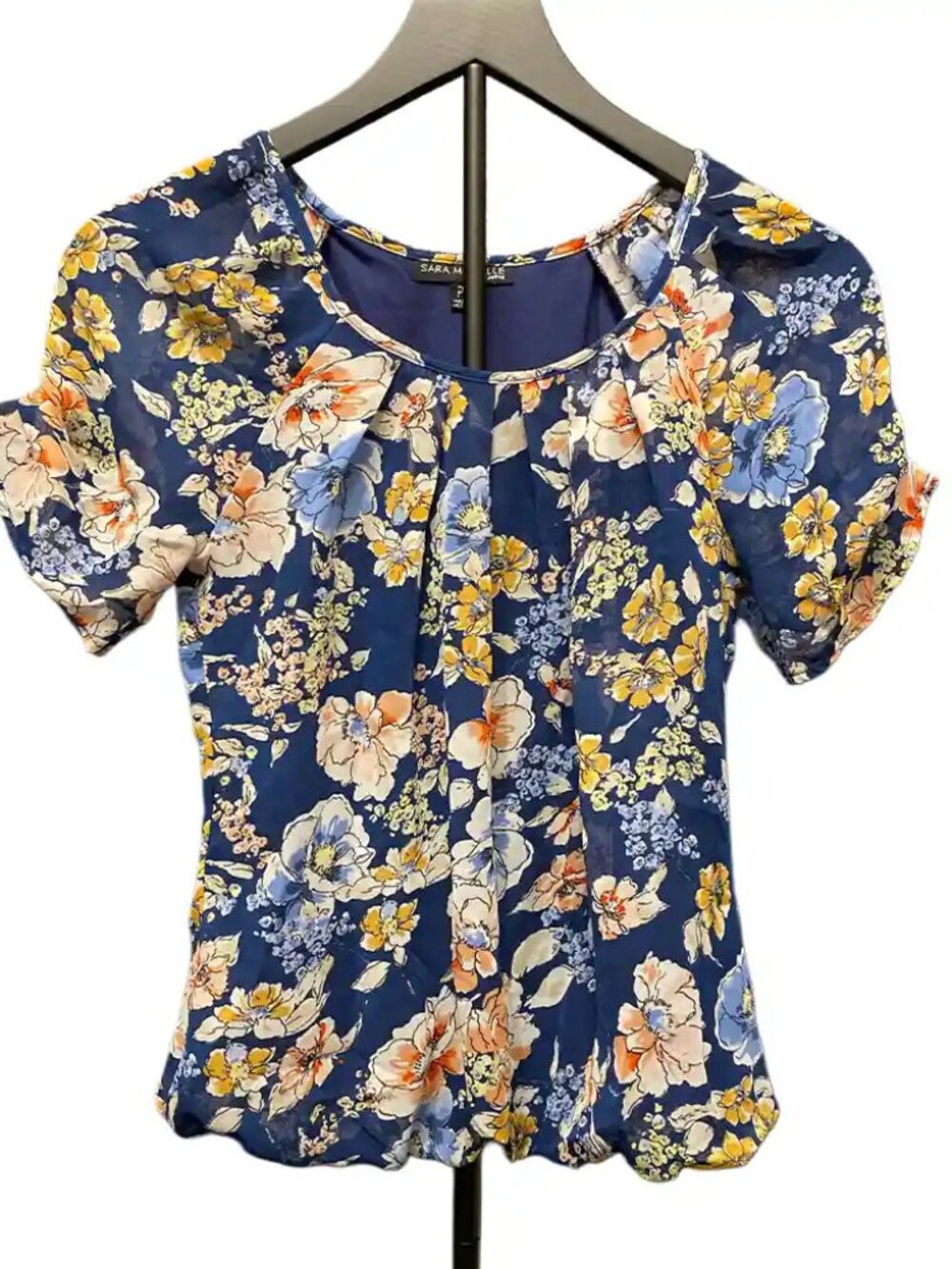 Sara Michelle Navy Floral Blouse Petite Small